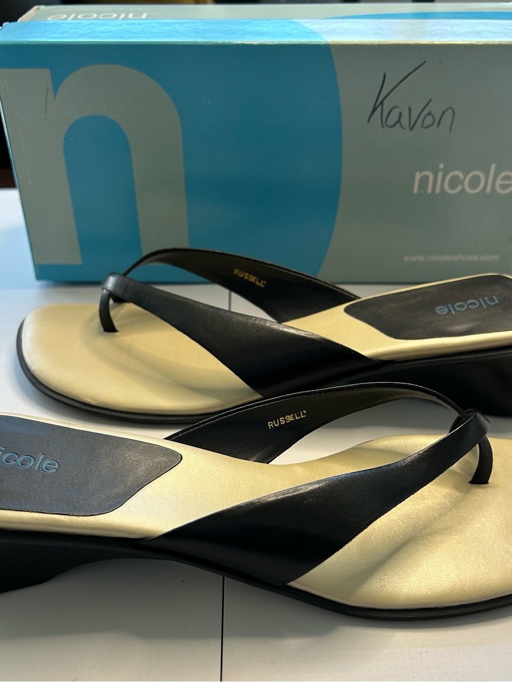 Nicole Black and Cream Wedge Thong Sandals